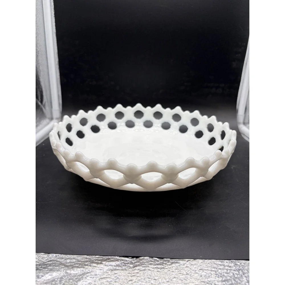 Vintage Milk Glass Lace Edge Bowl White Lattice Open Work Centerpiece 9.5 Inch